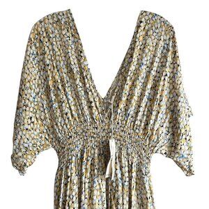 LOVESTITCH Short Sleeve Smocked Waist Yellow Geometric Maxi Dress Size US M/L